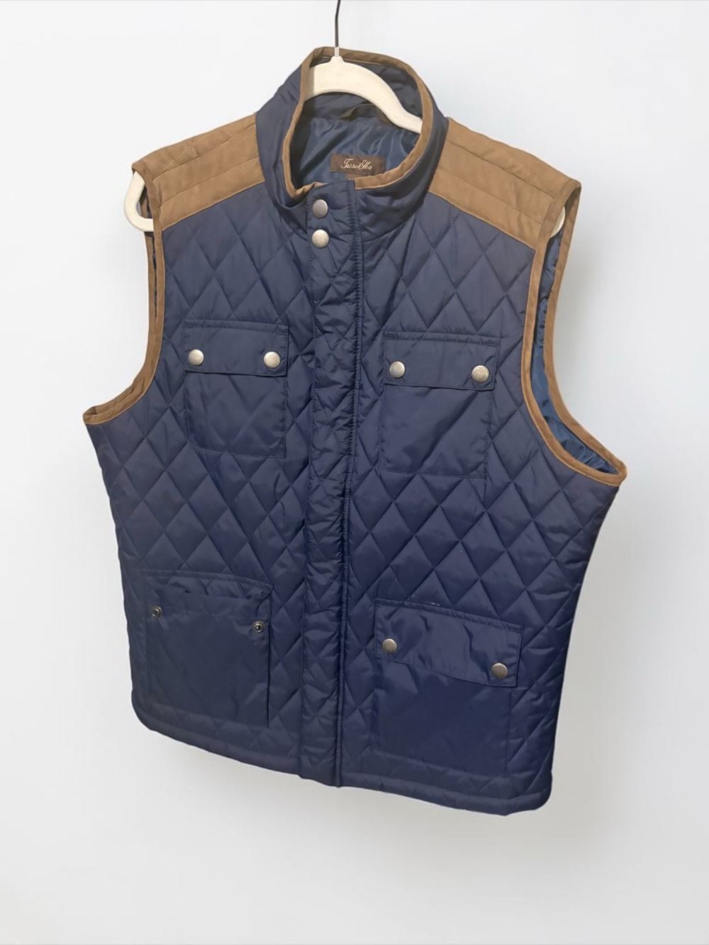 Tasso Elba Navy Quilted Vest with Brown Trim unisex